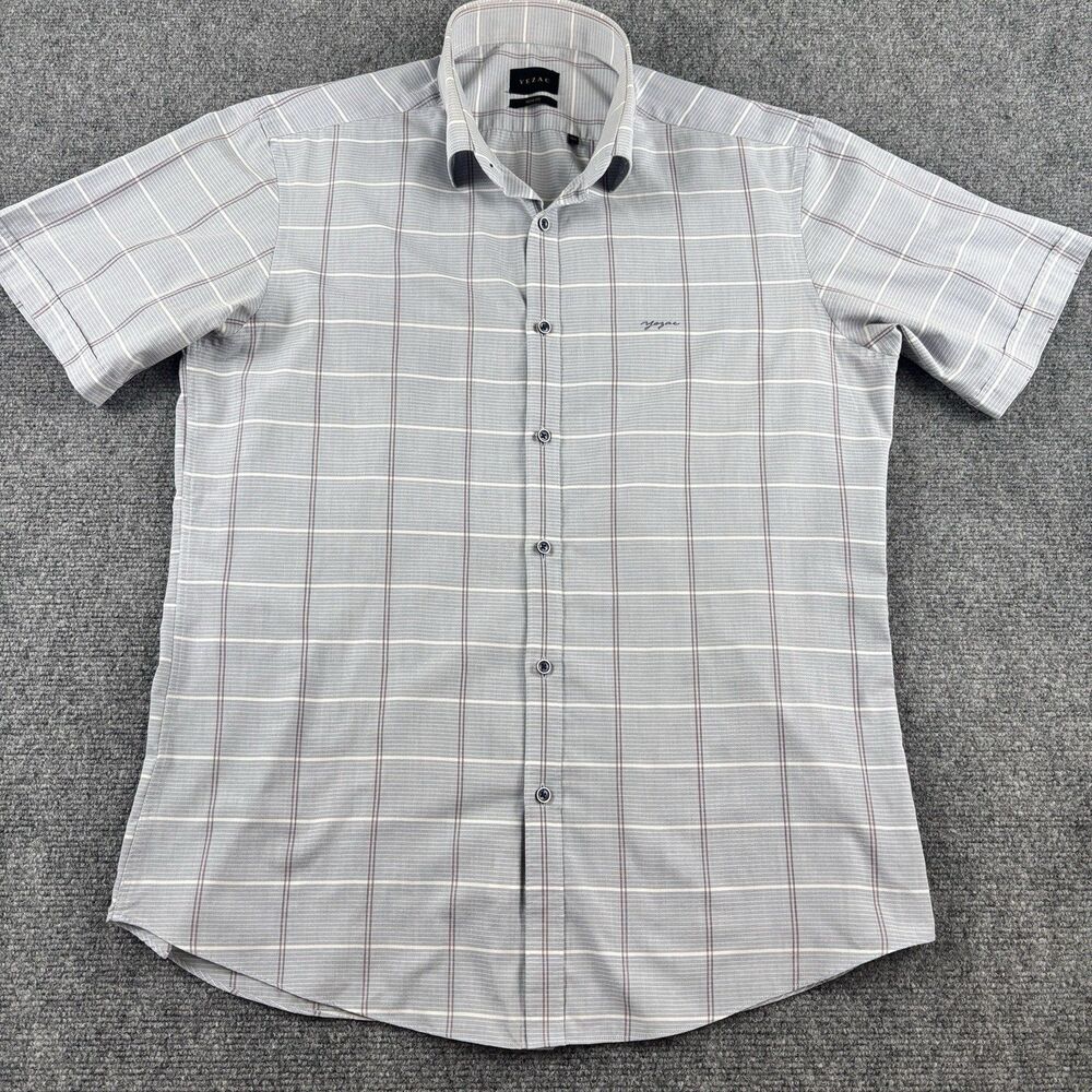 YEZAC Mens 105 Slim Fit Shirt Blue Plaid Short Sleeve Windowpane Check